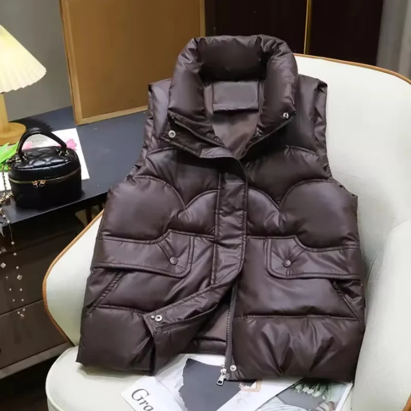 Modische Einfarbige Daunenweste für Damen 2026 Neue Herbst-Winter-Kollektion Stehkragen Warme Ärmellose Weste Lässiger Mantel