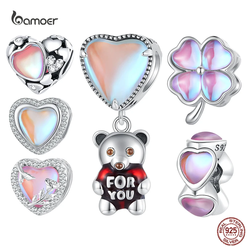 

Bamoer 925 Sterling Silver Rainbow Crystal Heart Bead Charm Clover Bear Pendant For Women fit DIY Bracelet Necklace Jewelry Gift