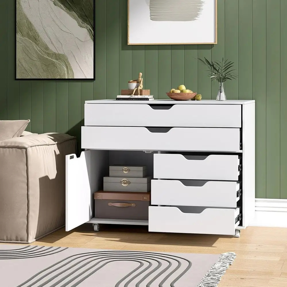 5-Drawer Rolling Metal File Cabinet with Door, Lockable Wheels, and Storage for Home Office or Study (White)