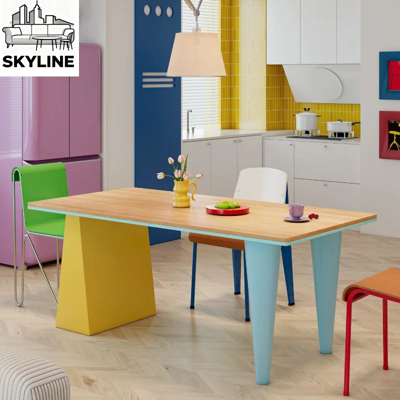 Memphis Style Solid Wood Desk, Rectangular Multi-Purpose Table for Dining Home Office