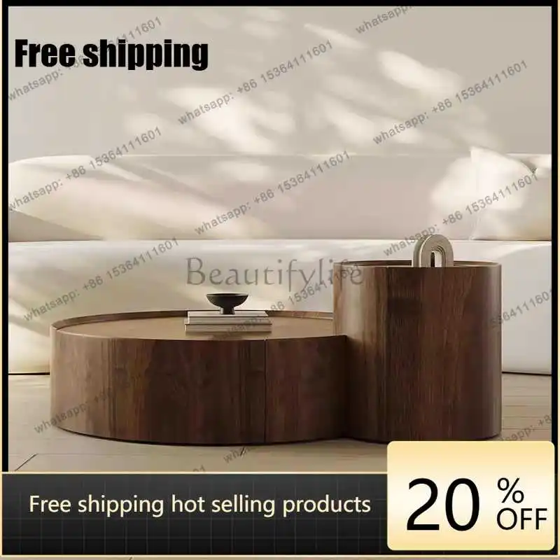 French light luxury round walnut solid wood coffee table combination high-end medium and ancient style