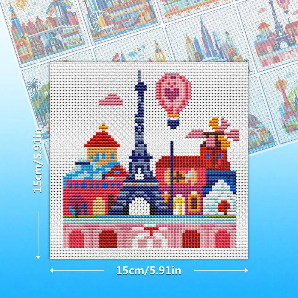 EverShine 12Pcs MINI 11CT Printed Canvas Cross Stitch Kit City Scenery DIY Sewing Crafts Embroidery Bridge Tower Handmade Gift