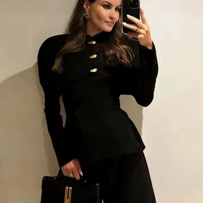 This Is Two-piece Set of Simple Versatile Solid-color Women's Outerwear with A Stand-up Collar, Long Sleeves and A Cinched Waist