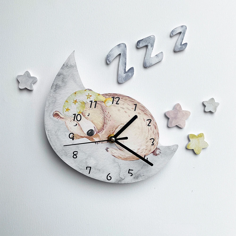 Fairy Tale Forest Watercolor Wind Children Wall Clock Manufacturers Wholesale Cartoon Dream Bear Wall Hanging Clock SWC026