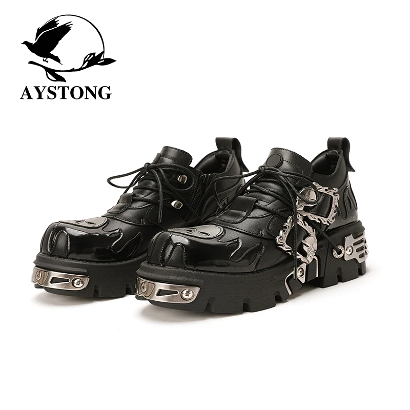 

Retro Rock Flame Carved Dark Punk Low Help Thick Bottom Single Shoes Metal Binding round Head Daily Wear Fashionable Women's ...