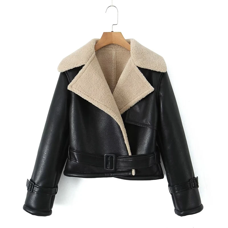 

Autumn Winter Women Lambswool Patchwork Faux Leather Short Jacket Warm Coat