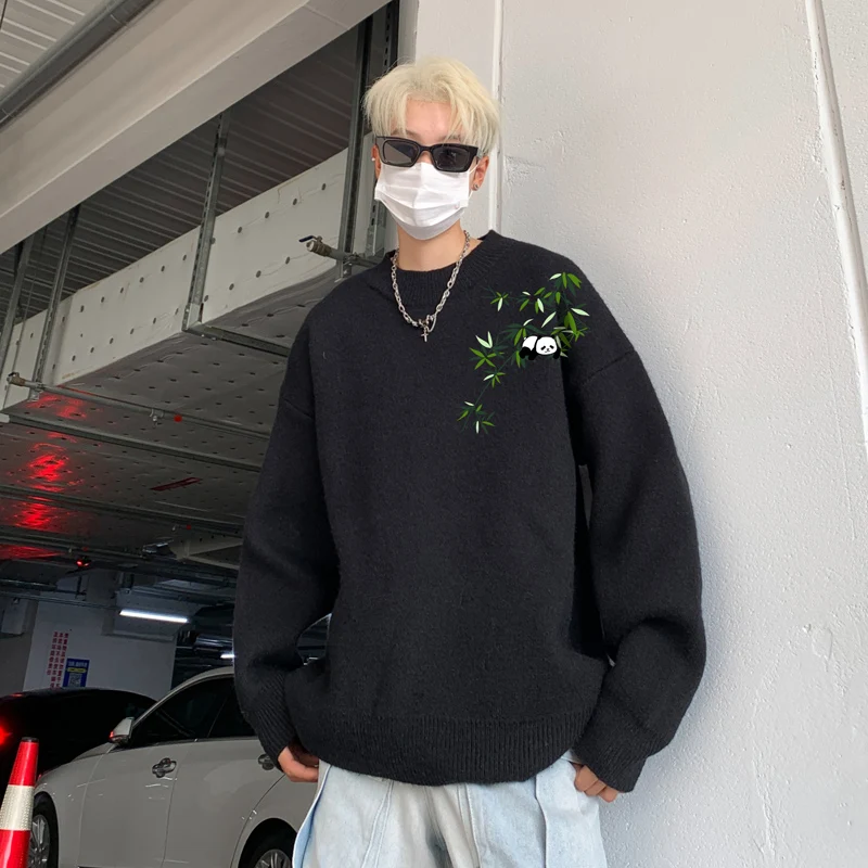 

Men's Oversized Sweaters Autumn White Knitted Sweater 5XL Bamboo Panda Print Casual Wear for Man Knit Pulloves Men Clothes