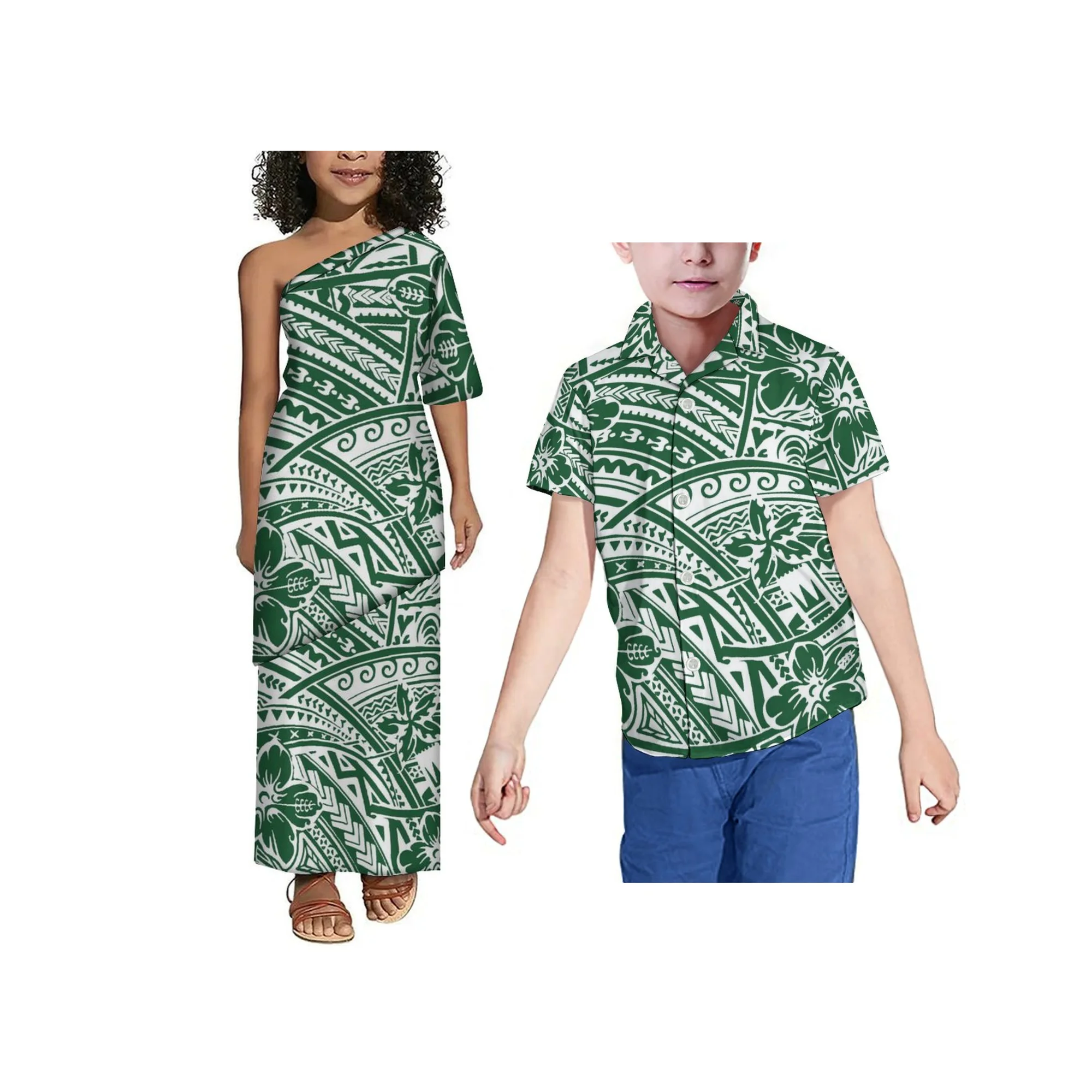 Atacado personalizado polinésia tribal samoan crianças puletasi roupas meninas fora do ombro vestido 2 peças conjuntos vestido