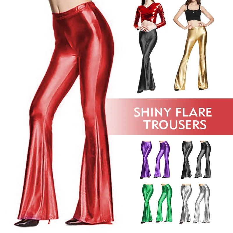 Women Shiny Flare Trousers Metallic Ruffles Wide Leg Pants Retro 70s Disco Hippie Club Trousers Shiny Gold Silver Skinny Pants