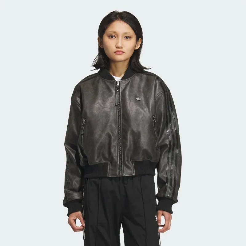 ADIDAS Adidas PU ∞ Winter New Retro Warm Sports Leather Jacket Cotton Clothes KC2656