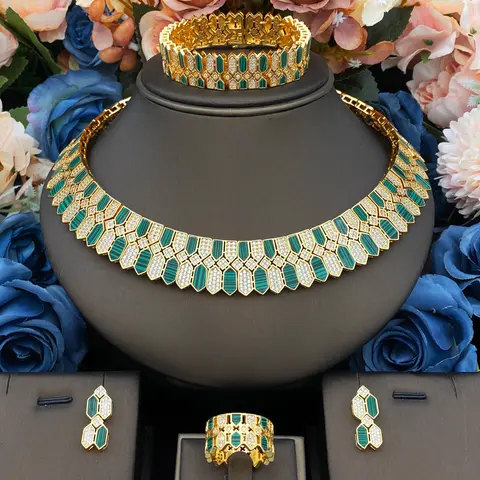 JRH Gala Celebration Gold Plated Brass Jewelry Collection Luxury Evening Necklace Bracelet Earrings Ring 4-Pc Set High-End Look