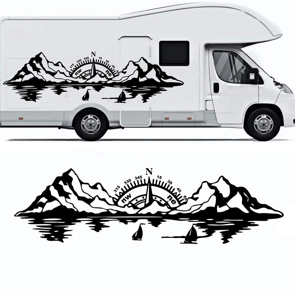 Large Compass Mountain Sea Nature Camping Rv Sticker Ocean Landscape Off Road  Caravan Decal Travel Truck Vinyl Decor