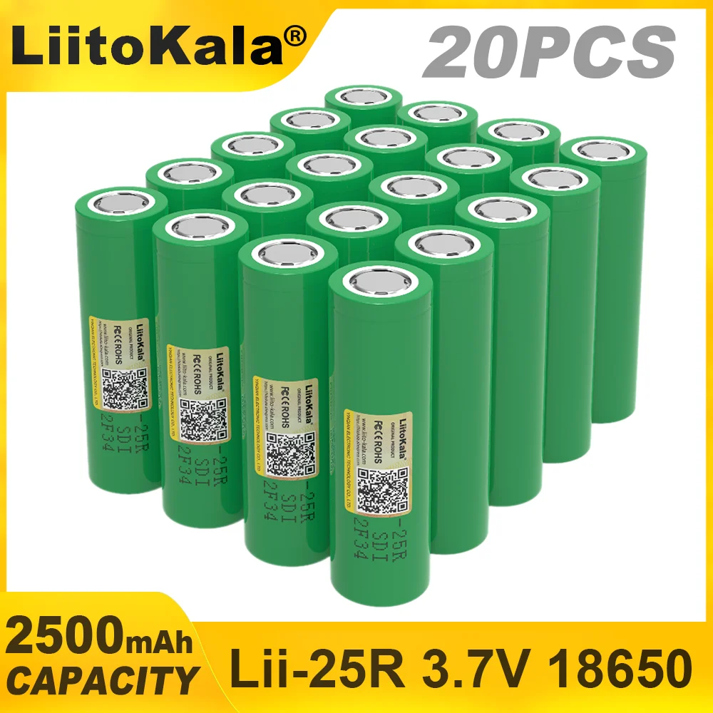 LiitoKala-rechargeable lithium-ion battery for flashlight, power tools, flashlight, headlamp, Lii-25R, 2500mAh, 18650 V