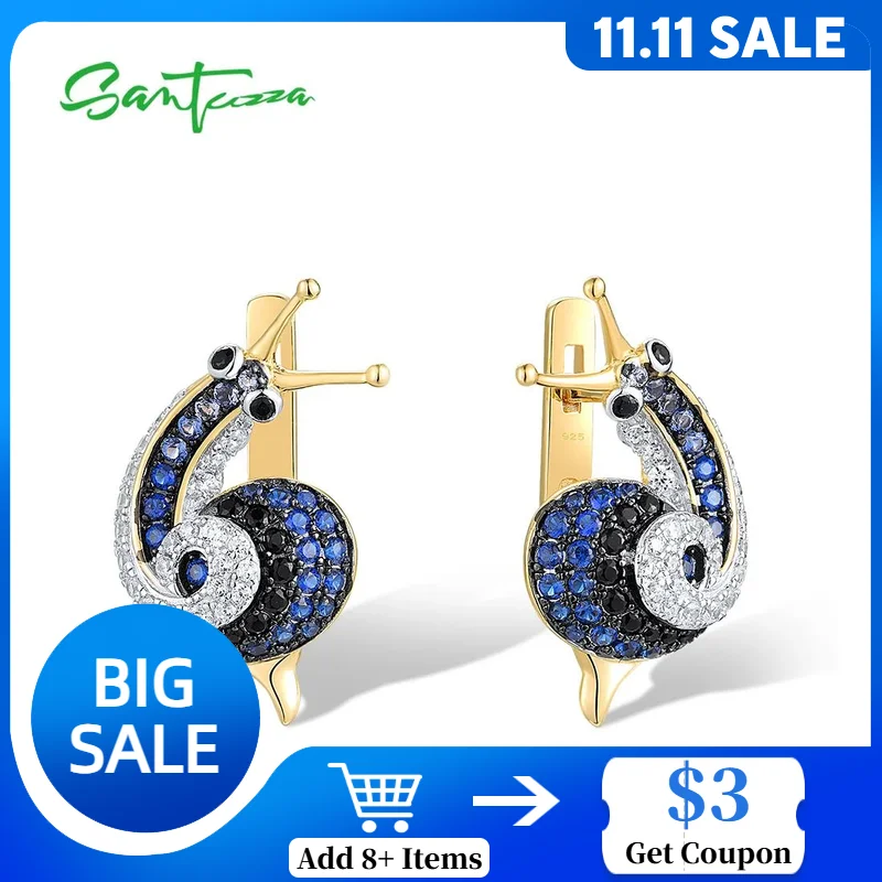 

SANTUZZA Pure 925 Sterling Silver Earrings For Women Sparkling Blue Black Spinel Lovely Snail Latch Back Chic Gifts Fine Jewelry