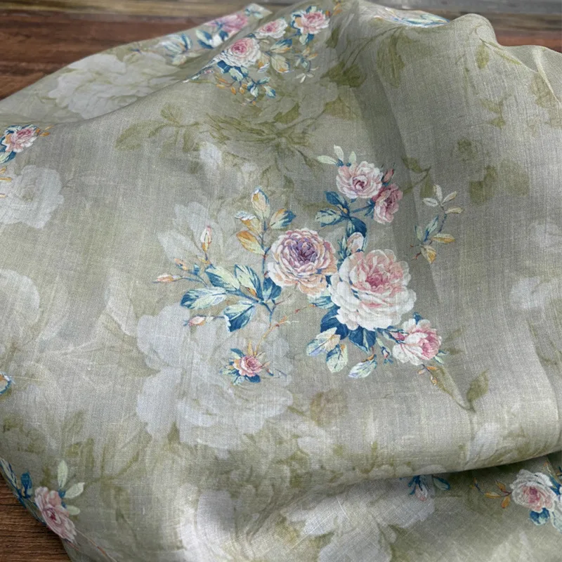 1yard High quality ramie fabric peony printing telas High end dress cheongsam fabrics for material