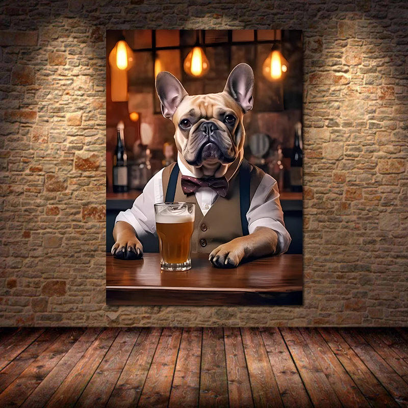 Cute Dog in The Pub Poster Prints Canvas Painting Pug German Shepherd Corgi Collie Animal Beer Wall Art Room Home Decor Unframed