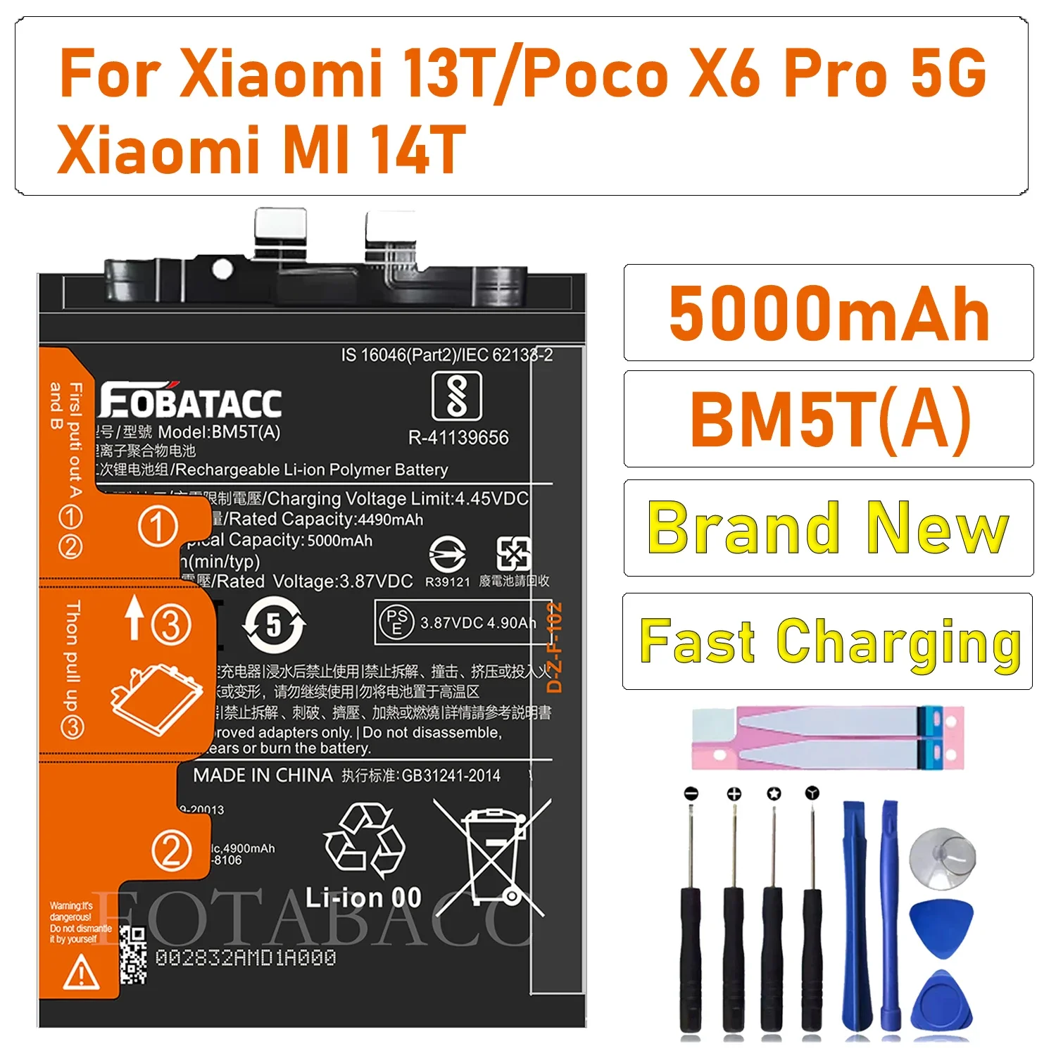 

2026 Years EOTABACC 100% New Original Battery BM5T(A) For XIAOMI 13T/Poco X6 Pro 5G/14T Battery +Tools