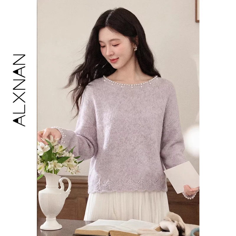 ALXNAN Pink Purple Women's Sweater Pearl Ruffled Hollow Out Loose-fit Pullover 2026 Fall Long Sleeve Knit Tops Ladies DYL662380