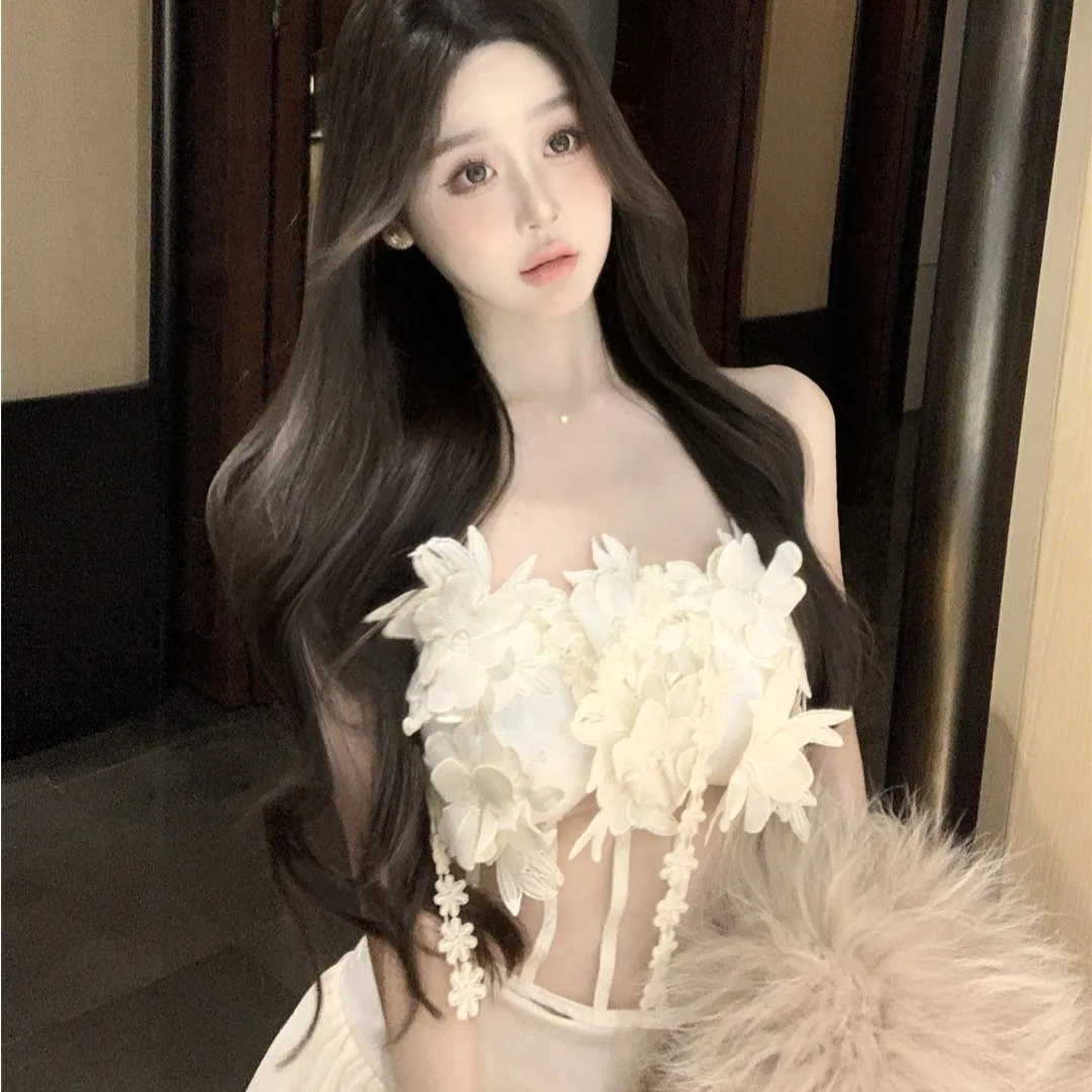 

Floral Tube Top Vest Two-Piece Set Camera Ready Pure Desire High-End Feeling Half Skirt for Broadcasters Women's Fashion