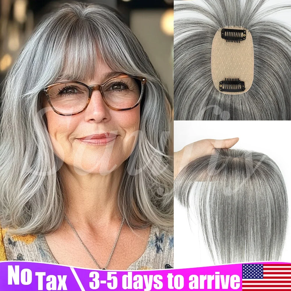 Women Short Gray Human Hair Toppers With Bangs Real Human Hair 5x9cm Seamless Invisible Clip in Human Hair Toppers for Thinning Hair to Add Volume Natural White Gray Straight Hair Topper Human Hairpieces to Add Volume