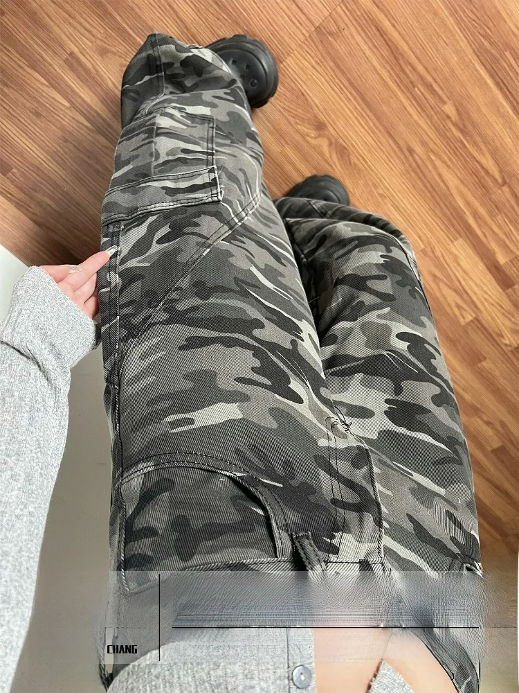 

Женские повседневные камуфляжные широкие джинсы, свободный крой, осень-зима, новая рабочая одежда, длинные брюки с заниженной талией на молнии