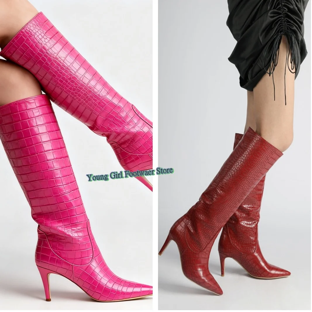 Nuevos modelos europeos, botas puntiagudas hasta la rodilla, tacones de aguja, botas a media pantorrilla con estampado de serpiente, manga roja para mujer, nuevos modelos para 2025