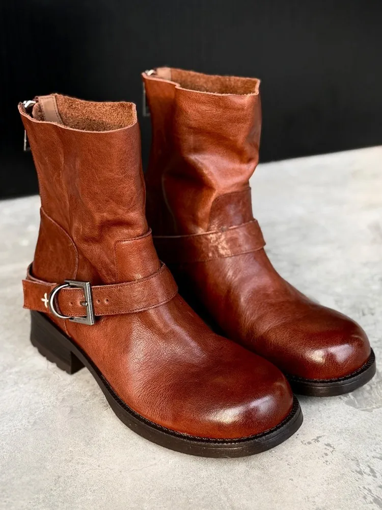 British Female Genuine Leather Round Toe Chunky Heel Ankle Boots Versatile Solid Color Cowhide Zipper Buckle Strap Footwear