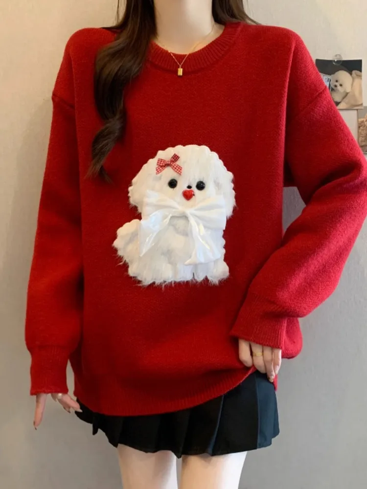 

Красный свитер Cisas с длинными рукавами, женский повседневный свободный вязаный топ с мультяшным дизайном собаки, праздничная новогодняя одежда