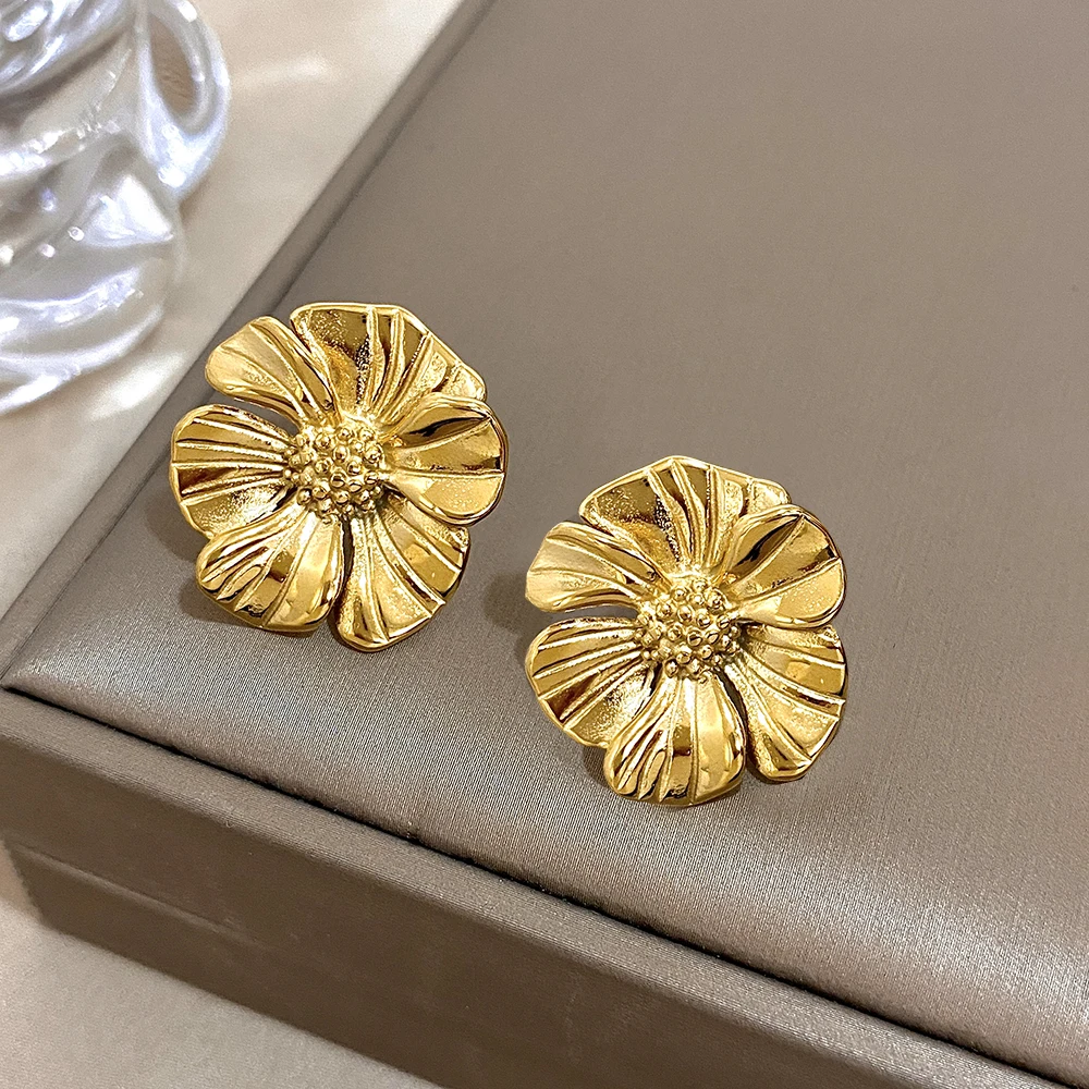 עגילי זהב משובח בציפוי פרחים עגיל אופנה חדשה נירוסטה פרח עגילי מתכת עגילי תכשיטים