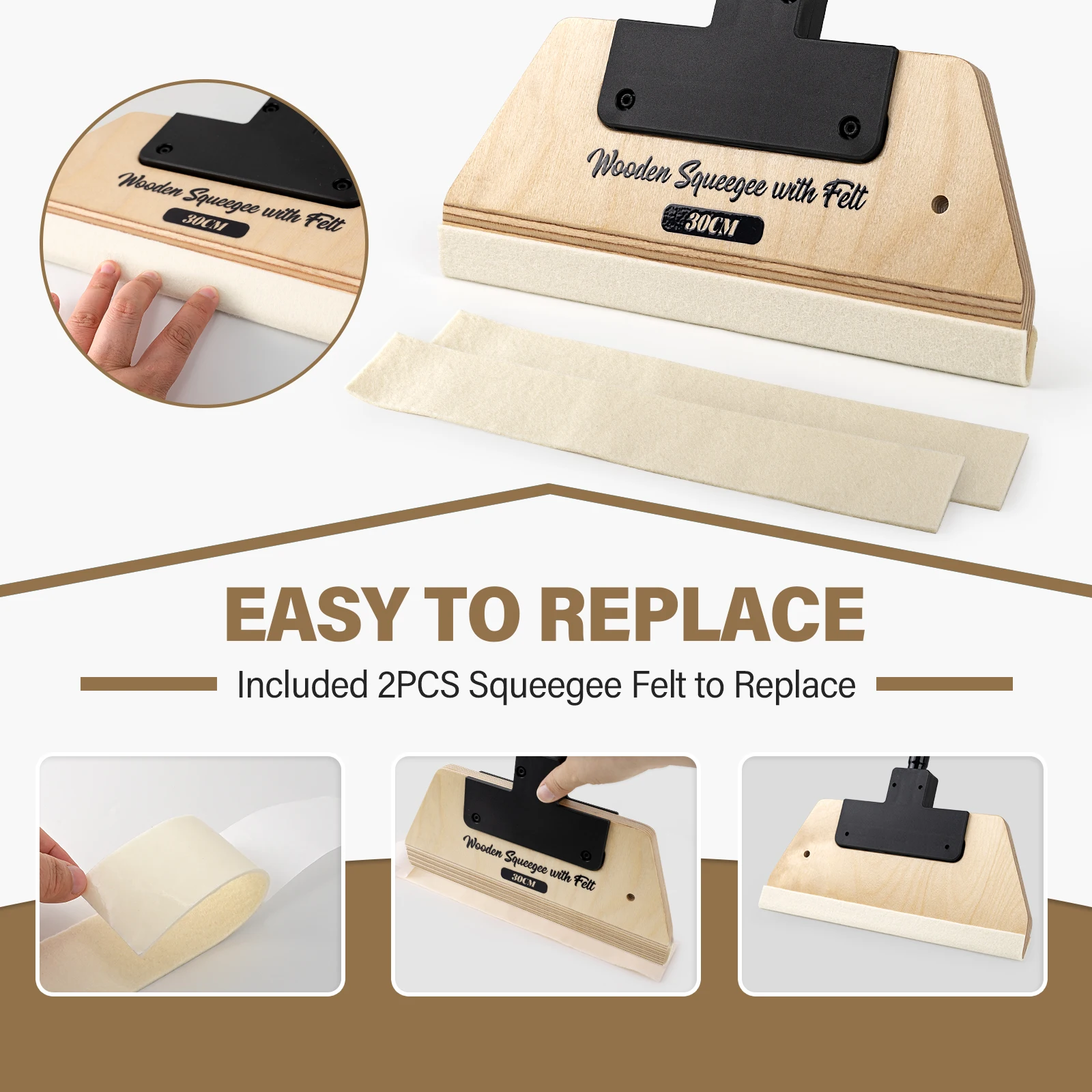 EHDIS Wooden Squeegee Removable Extension Pole Handle Vinyl Wrap Smoothing Tool Window Film Wallpaper Install Scraper with Repla