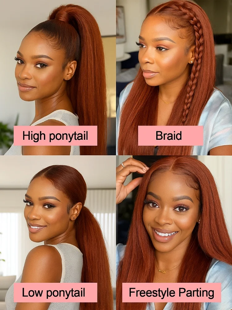 180密度4x4ブラジリアンヘアクロージャーウィッグ赤褐色縮れストレート人毛ウィッグ13x4レースフロント赤褐色ウィッグ女性用