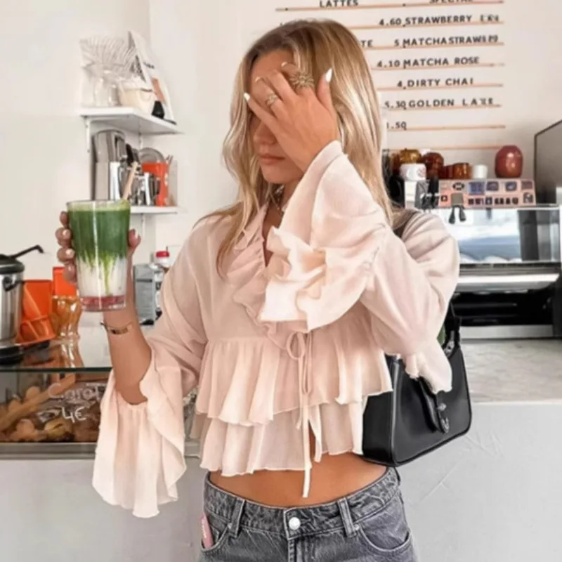 Chiffon-Rüschenhemd für Damen, 2025, Sommer, neuer Stil, französisch, elegant, rosa, V-Ausschnitt, langärmelig, Top, Großhandel für Damenbekleidung