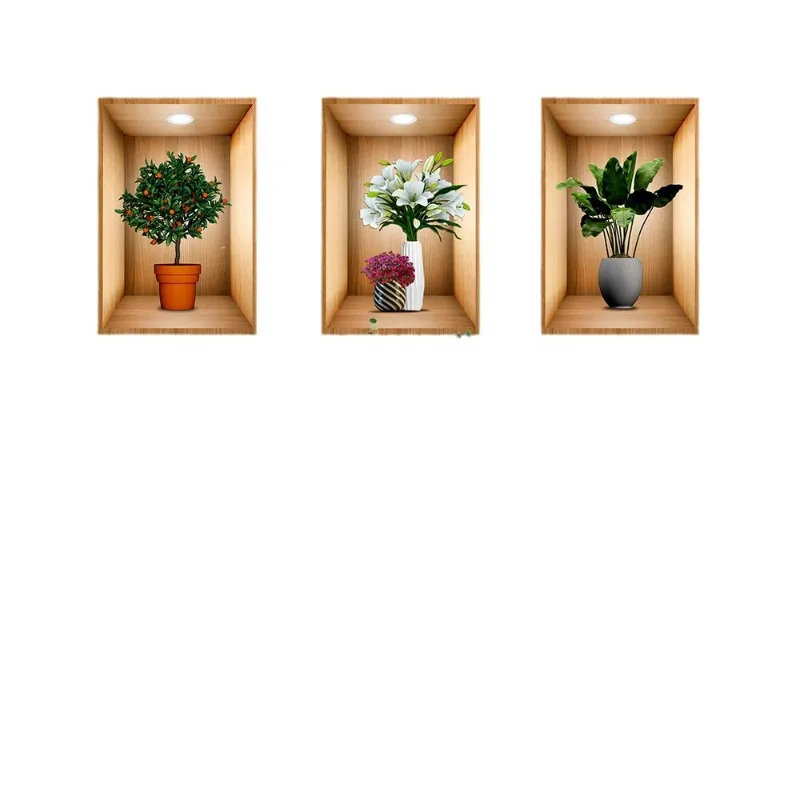 3D Simulation of Plant and Flower Effects Self-adhesive Potted Plant Stickers Corridor and Staircase Decoration Painting