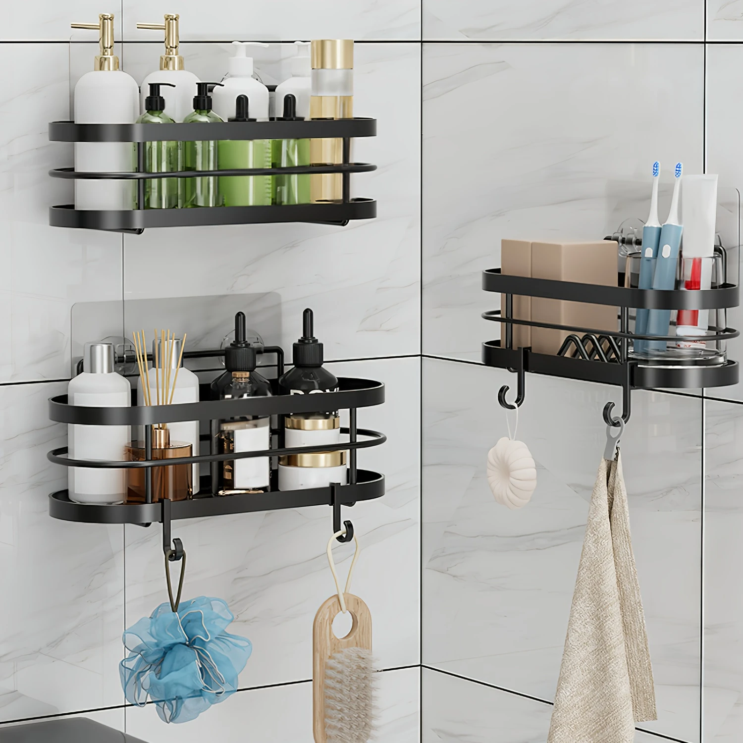 3-Pack Modern Shower Caddy Shower Organizer, No-Falling Shower Shelves with Strong Adhesives, Wall-Mount Rustproof Corner Shower