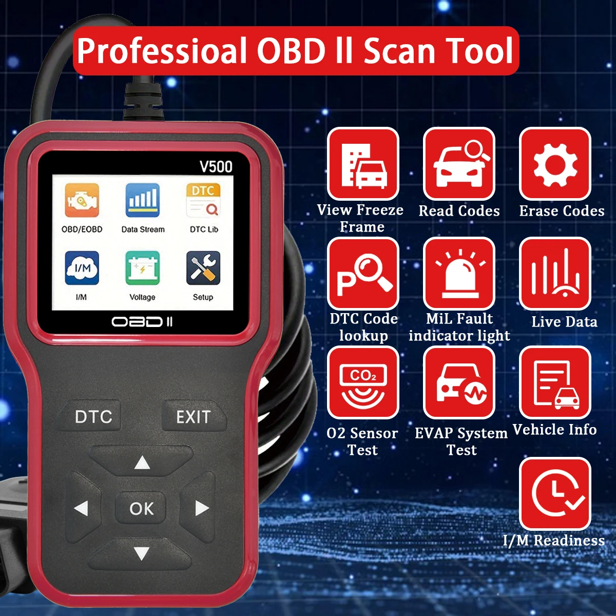 Car OBD2 Scanner Diagnostic Tool Code Reader, Car Voltage Tester Engine Fault Code Scanner, Charging Tester Diagnostic Tool V500