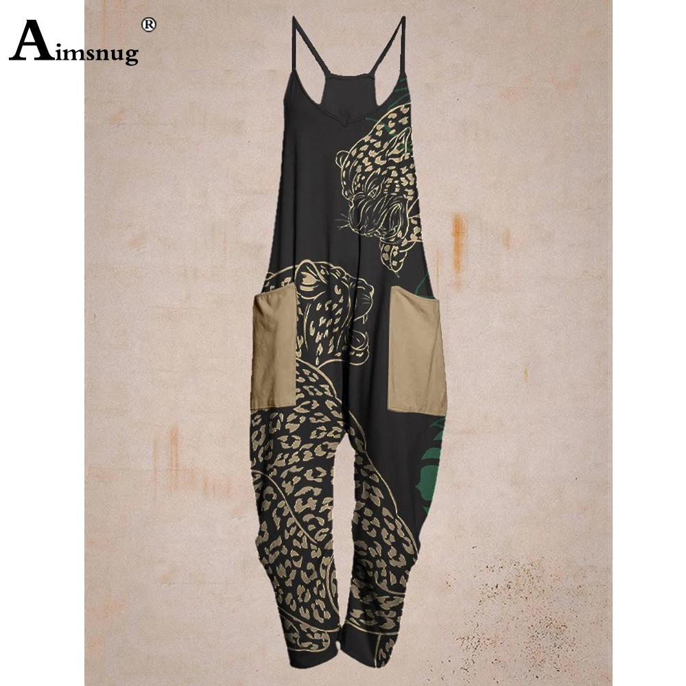 

Aimsnug 2023 Summer New Casual Huge Pockets Jumpsuits Women High Cut Boho Leopard Print Overalls Female Vintage Onesie Bodysuits