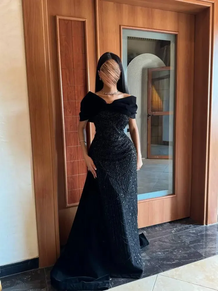 

Arabia Dubai Black Off-Shoulder Prom Dresses Beaded Sequin Mermaid Gowns Bow Detail Luxury Formal Evening Dresses