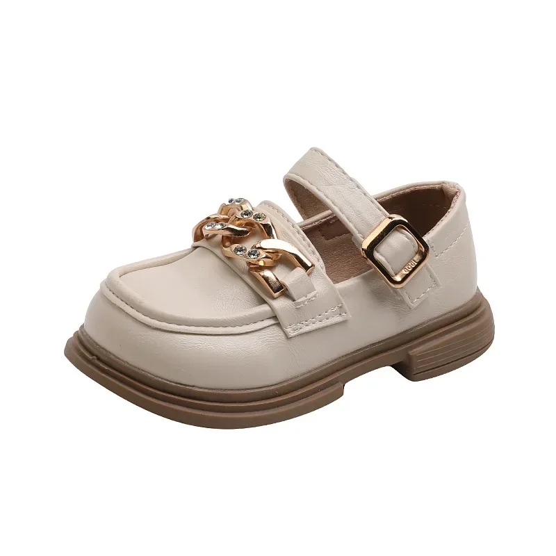 Baby Girl Princess Shoes Non-slip Flat Soft-sole Leather Shoes for Girls Pretty Crystal Metal Chain Children School Shoes