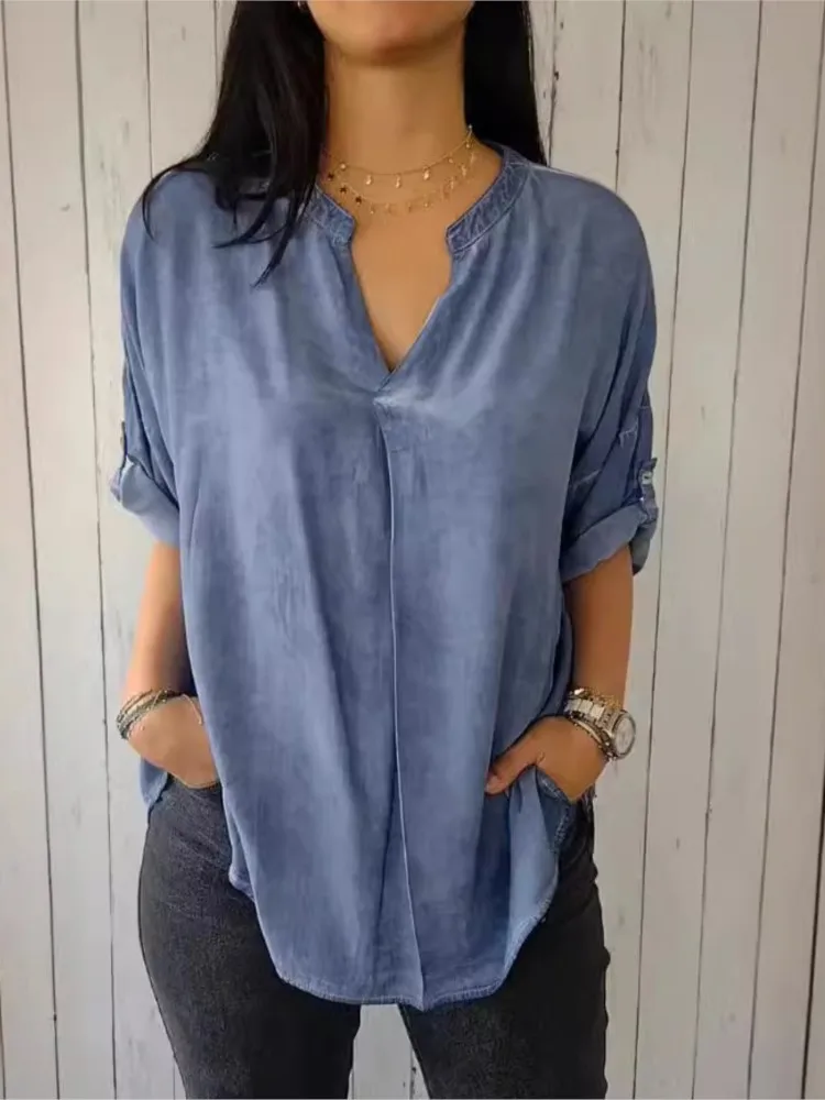 Spring Autumn Women Blouses Tops V-neck Half Sleeve Back Slit Design Pullover Tops 2024 Solid Color Regular Loose Fit Shirt Top