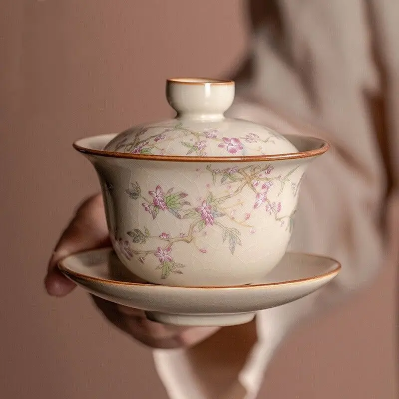 

Фарфоровая чашка для чая кунг-фу с цветочным узором, ледяная трещина Sancai Gaiwan, домашняя чашка для заварки чая, кухонная чайная посуда