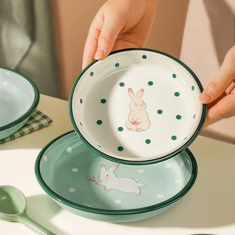 لطيف أرنب السيراميك أواني الطعام مجموعة الأطفال وعاء الأرز رسمت باليد الكرتون سعة كبيرة طبق فاكهة فرن الميكروويف الآمن