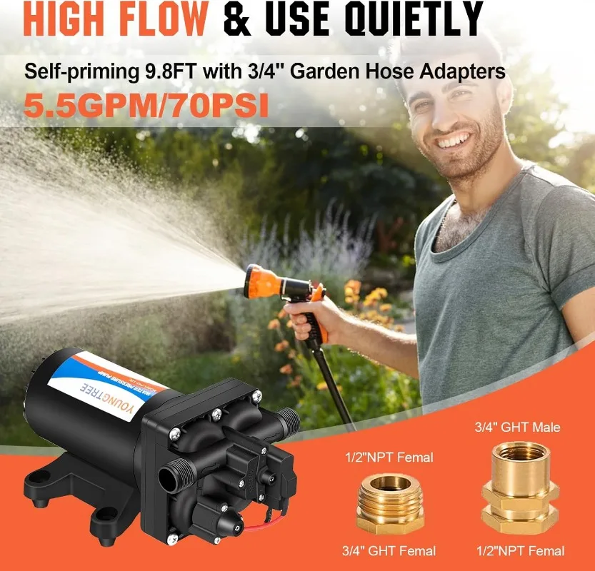 YOUNGTREE RV Fresh Water Pressure Pump 12V 5.5GPM 70PSI, On Demand Self Priming Water Pump, Include 3/4