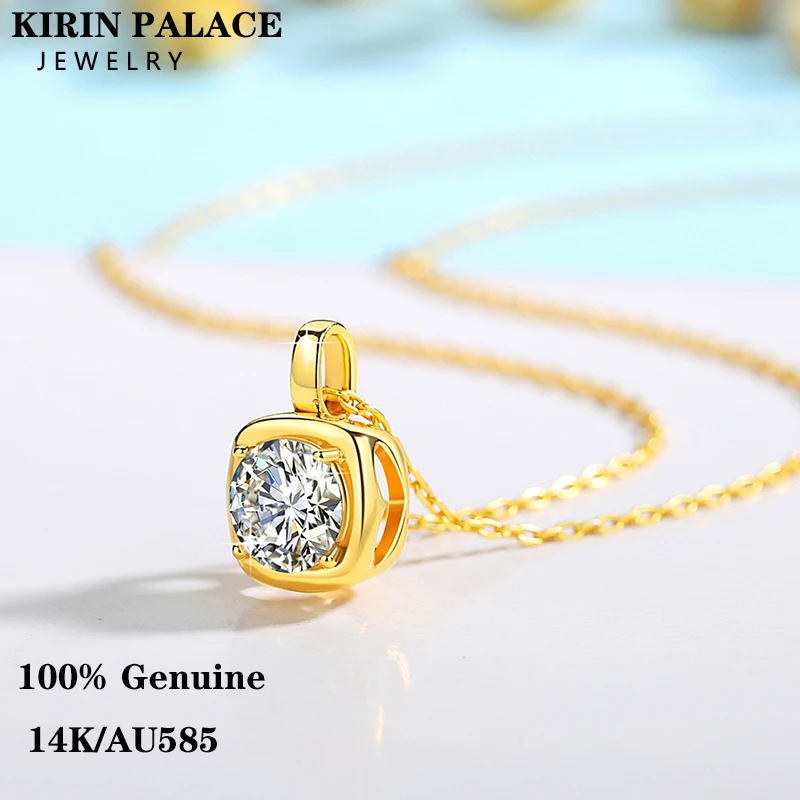 Genuine AU585 Pendant Real 14K Gold 1CT Moissanite Round Brilliant Necklace Fine Jewelry For Woman Wedding Gifts Present