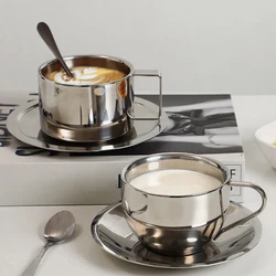 180ml/200ml Coffee Cup Double Layer Hot Resistant Coffee Cup Set Stainless Steel Tea Cup With Plate and Spoon