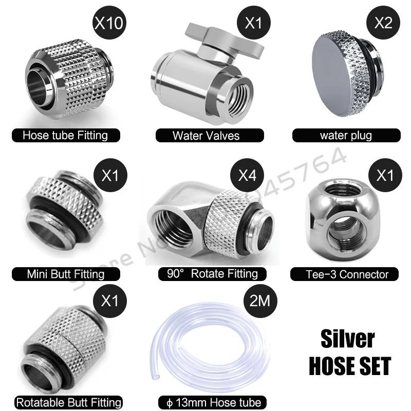 Computer Split Soft Hose Water Cooling Fitting Kit, 10*13mm Soft Tubing Connector + Pipe Black /Silver AIO Pack - view 2