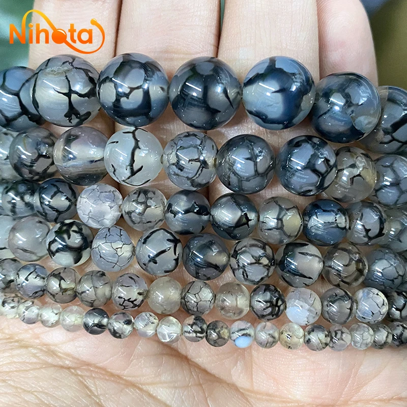 Liso Natural Black Dragon Veia Ágatas Rodada Loose Beads 15 \