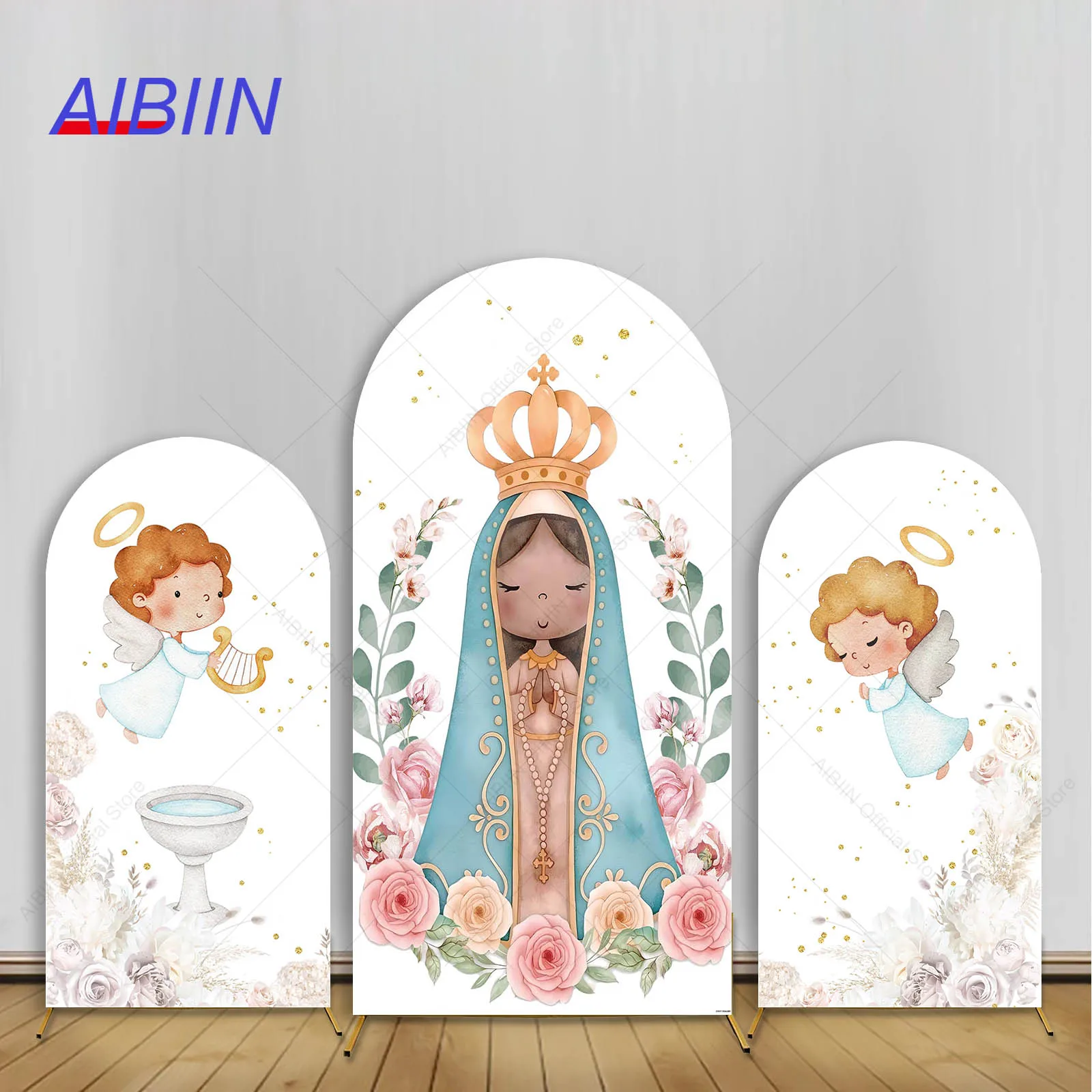 

Boy Baptism Arch Backdrop Cover Flowers Virgin Mary Angel God Bless First Holy Communion Party Decor Kids Christening Background