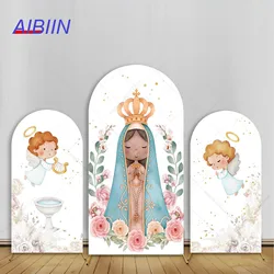 Boy Baptism Arch Backdrop Cover Flowers Virgin Mary Angel God Bless First Holy Communion Party Decor Kids Christening Background