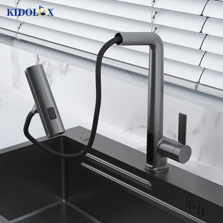 

Waterfall Multi-function Brushed Grey Lead-free Brass Spring Temperature Led Digital Display Pull Down Sink Mixer Kitchen Faucet