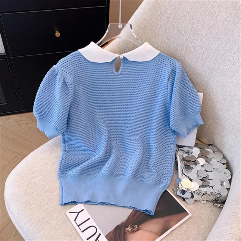 Estate vintage dolce fiocco colletto alla Peter Pan pullover maglieria top magliette maglione francese a maniche corte da donna maglietta in maglia scavata